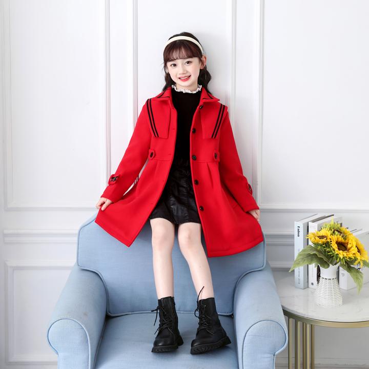 女童加厚毛呢大衣冬装儿童韩版百搭中长款风衣小女孩新年洋气外套