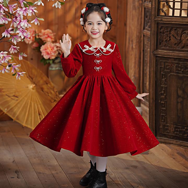 儿童红色洋气连衣裙新款冬季加绒拜年服女童新年公主裙小女孩冬裙