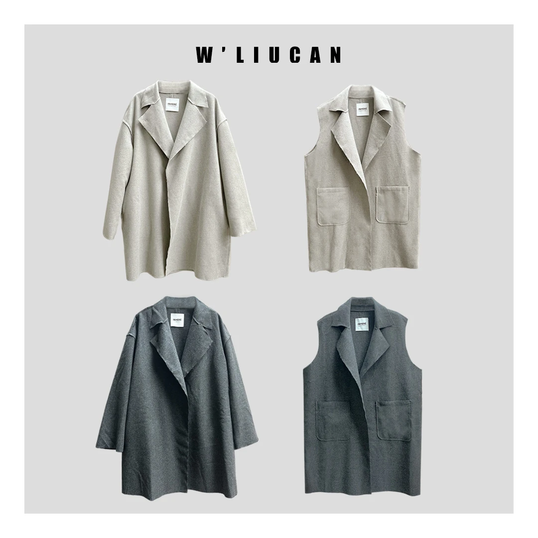 武六灿设计款双面羊绒马甲长袖外套两件套时尚宽松毛呢秋季秋冬