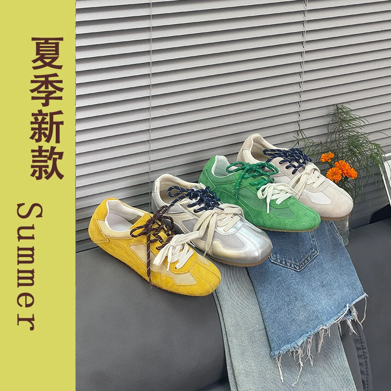 夏季透气百搭时尚潮鞋网面拼接新款芭蕾德训鞋豆豆鞋休闲板鞋子