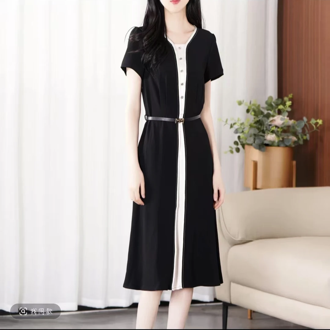 104-E精工定制）拼接显瘦连衣裙夏季新款撞色连衣裙
