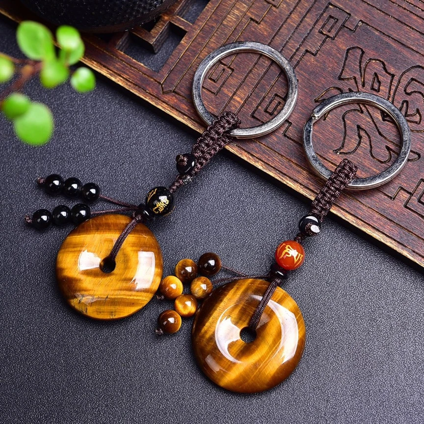 天然虎眼石平安扣钥匙扣 汽车挂件黄面包扣男女虎眼石饰品