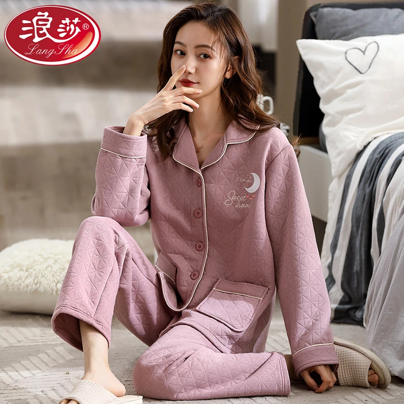 浪莎睡衣女士秋冬款纯棉长袖空气棉加厚夹棉春秋季保暖开衫家居服