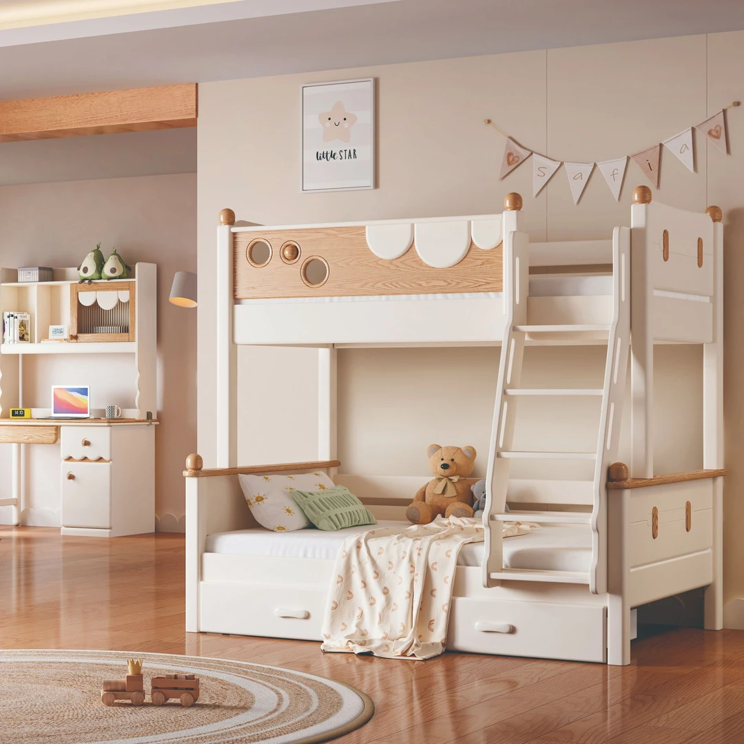 上下床双层床实木奶油风橡木儿童床男孩女孩公主1米5高低床子母床