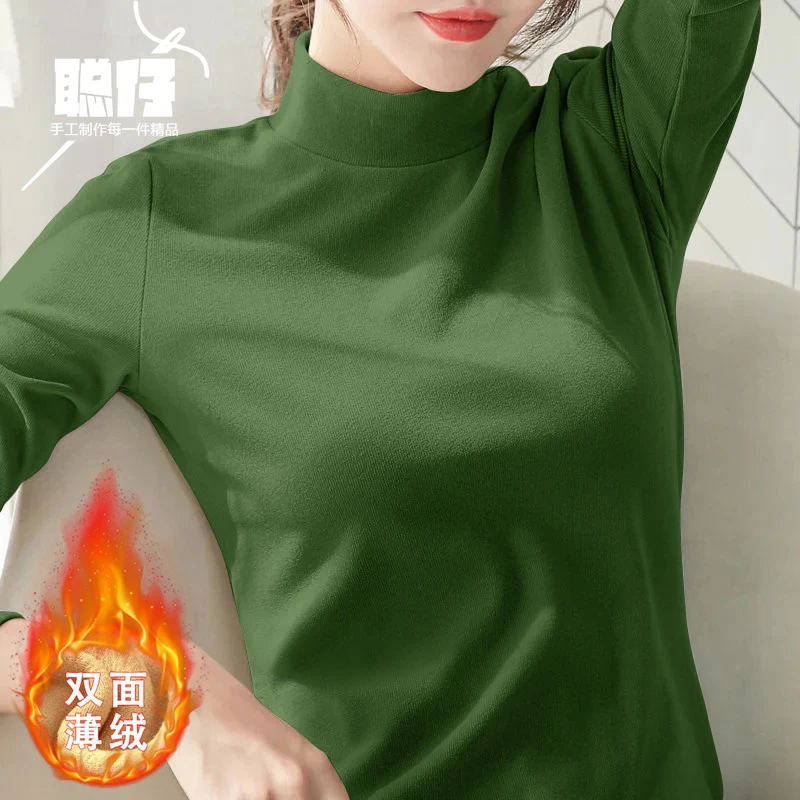 秋冬新款德绒螺纹长袖t恤女士修身内搭简约半高领打底衫显瘦上衣