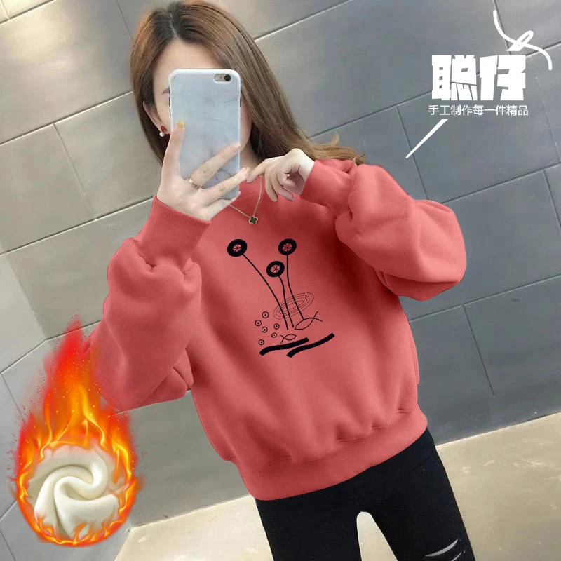 圆领卫衣加厚加绒2023新款女士韩版小个子印花宽松上衣外套秋冬装