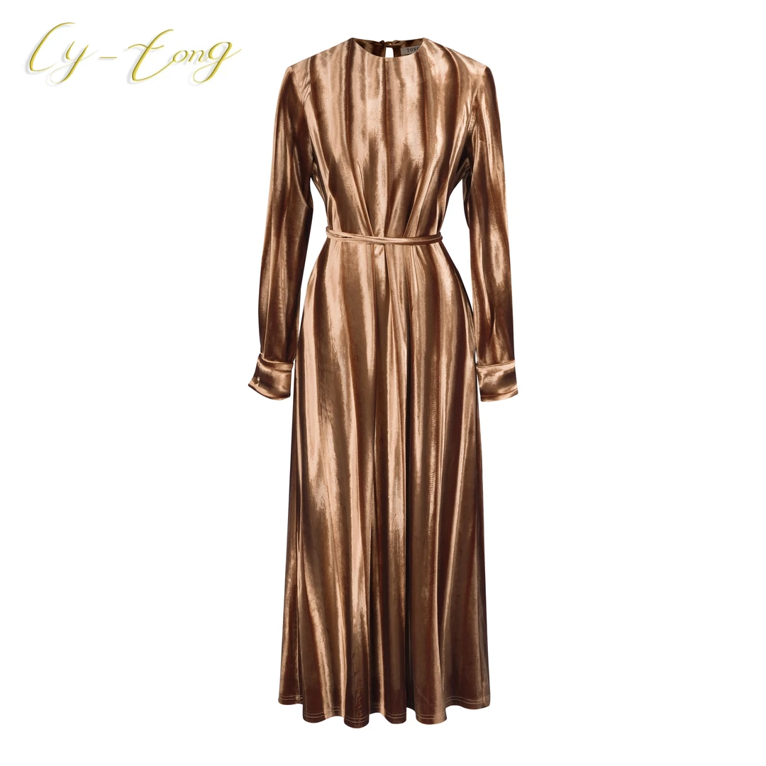 【彤姐家】气质显瘦修身收腰时尚轻奢香槟丝绒连衣裙C2300911