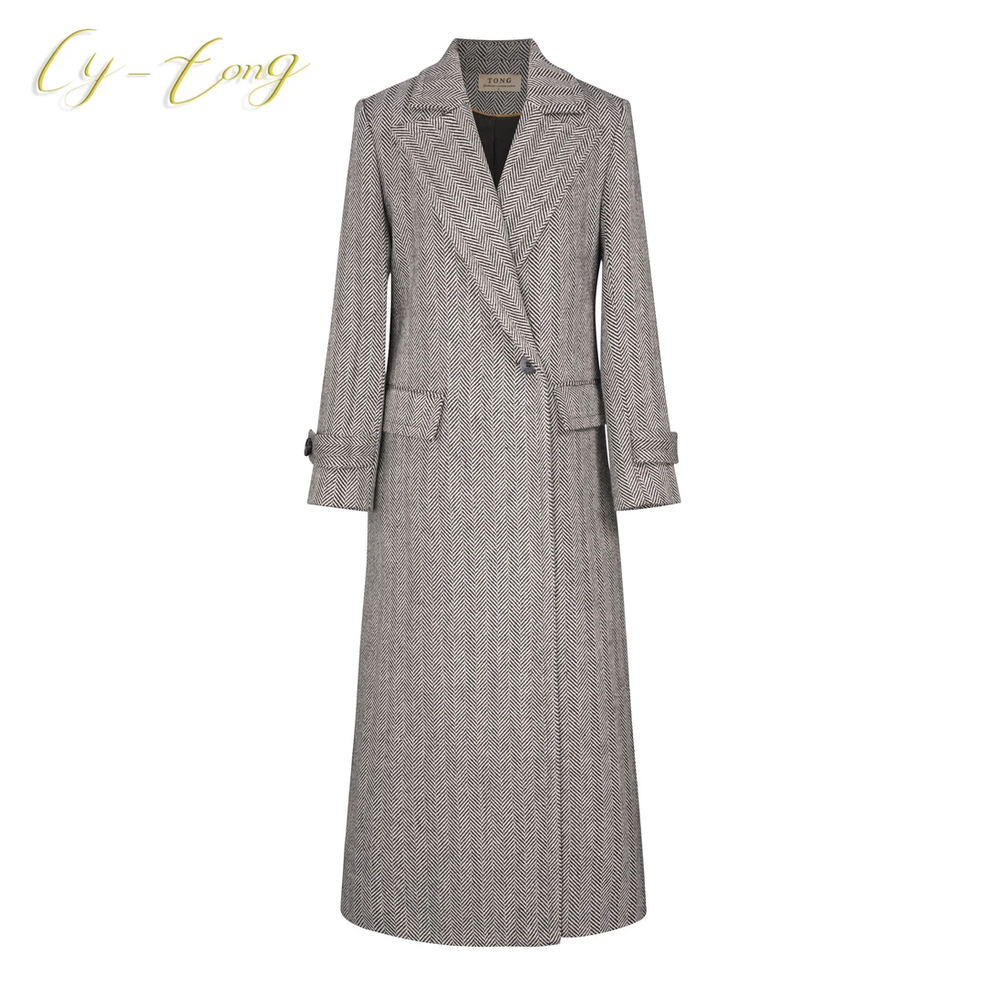 【彤姐原创】冬季时尚设计师轻奢气质人字纹翻领中长大衣W23B031
