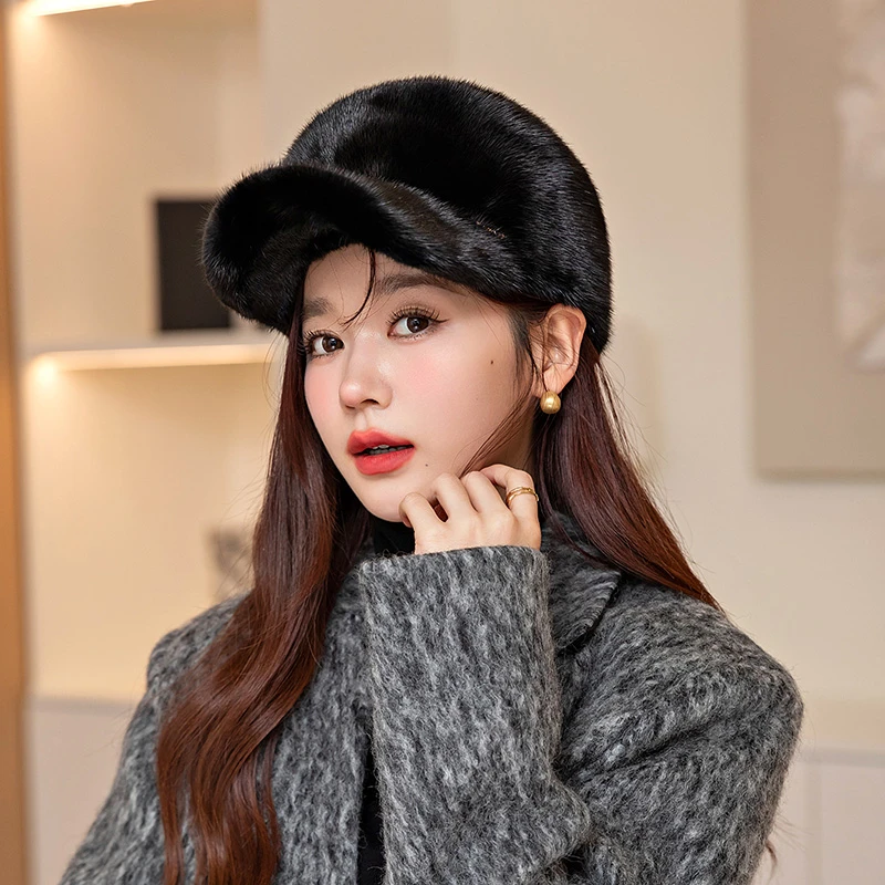 2023秋冬季新款英伦复古休闲时尚出游百搭真皮真毛水貂棒球帽