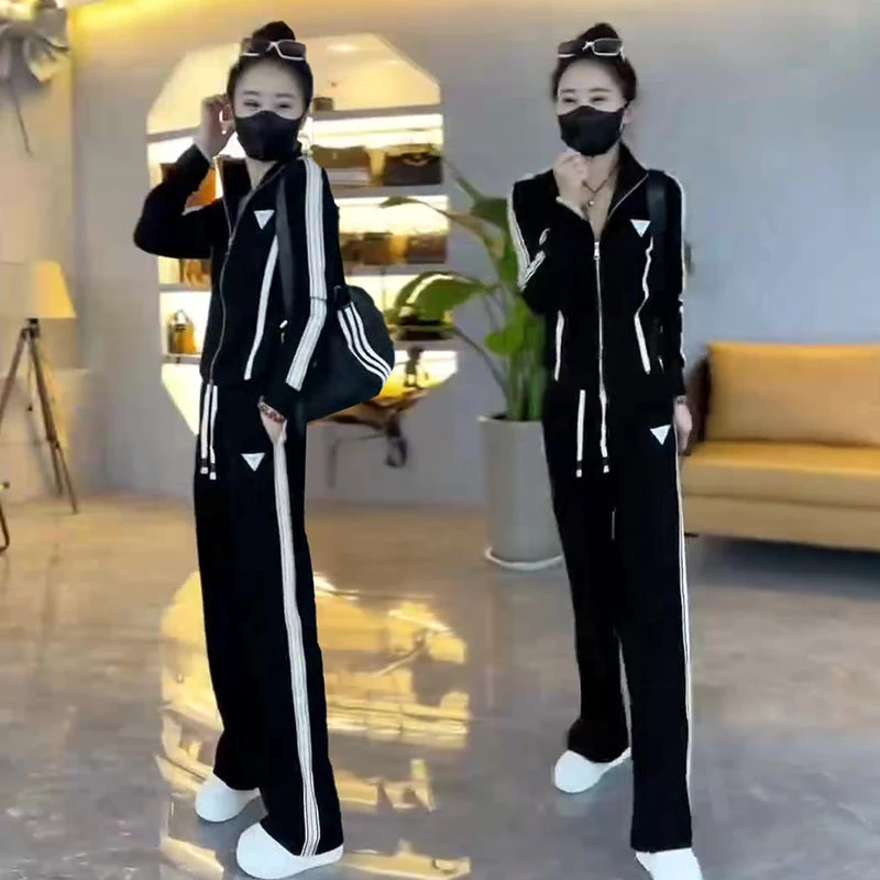 韩版显瘦洋气运动服套装2025春秋季新款修身上衣时尚阔腿裤两件套