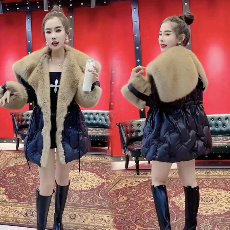欧货2025冬季新款韩版洋气中长款棉服女天使之翼连帽大毛领收腰