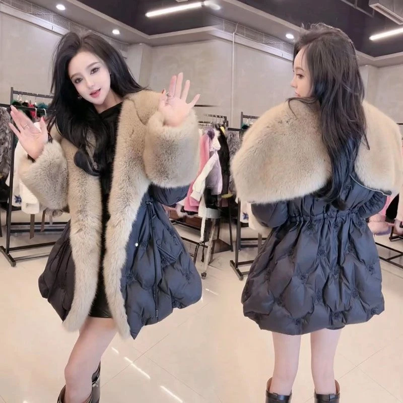 冬新款韩版时尚天使之翼大毛领白鸭绒中长款棉服女收腰修身加厚