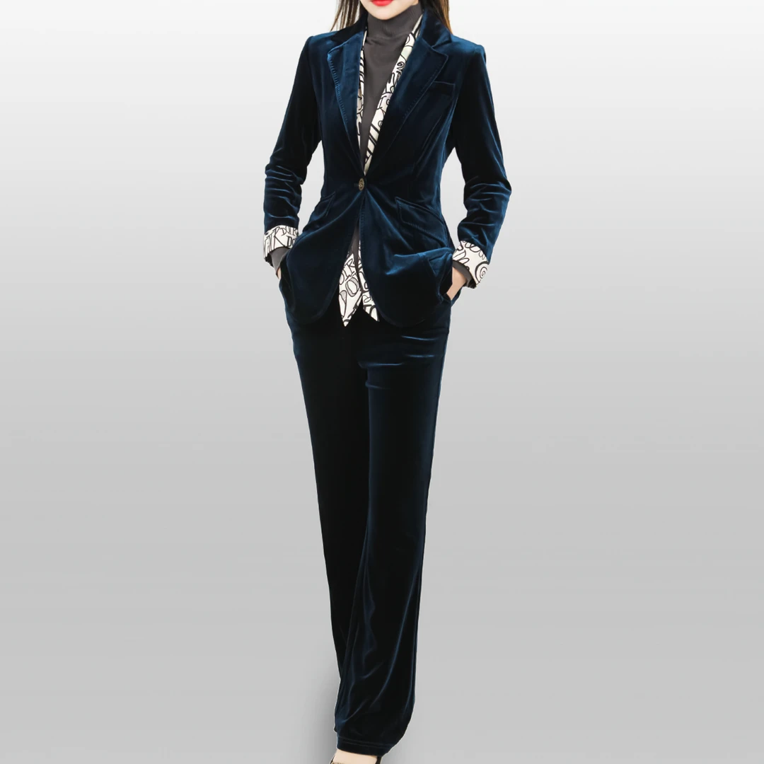 2023专柜新款春秋金丝绒西装外套微喇长裤休闲时尚职业两穿裤套装