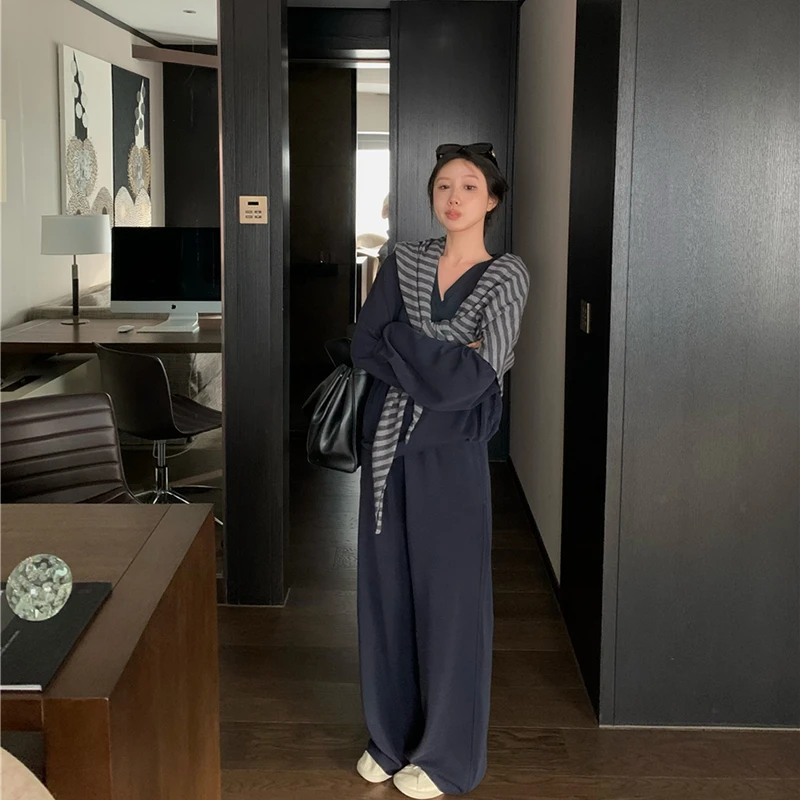 DD1169V领宽松长袖卫衣纯色休闲高腰阔腿裤女条纹披肩三件套装