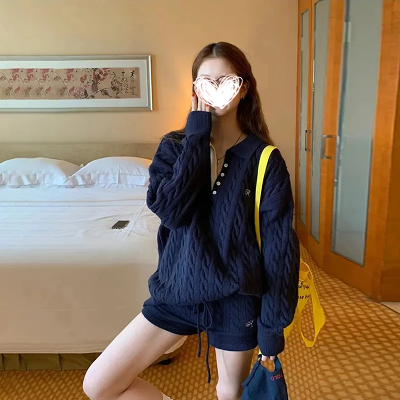 DD1243韩版时尚宽松显瘦长袖V领套头毛衣百搭针织休闲短裤女套装