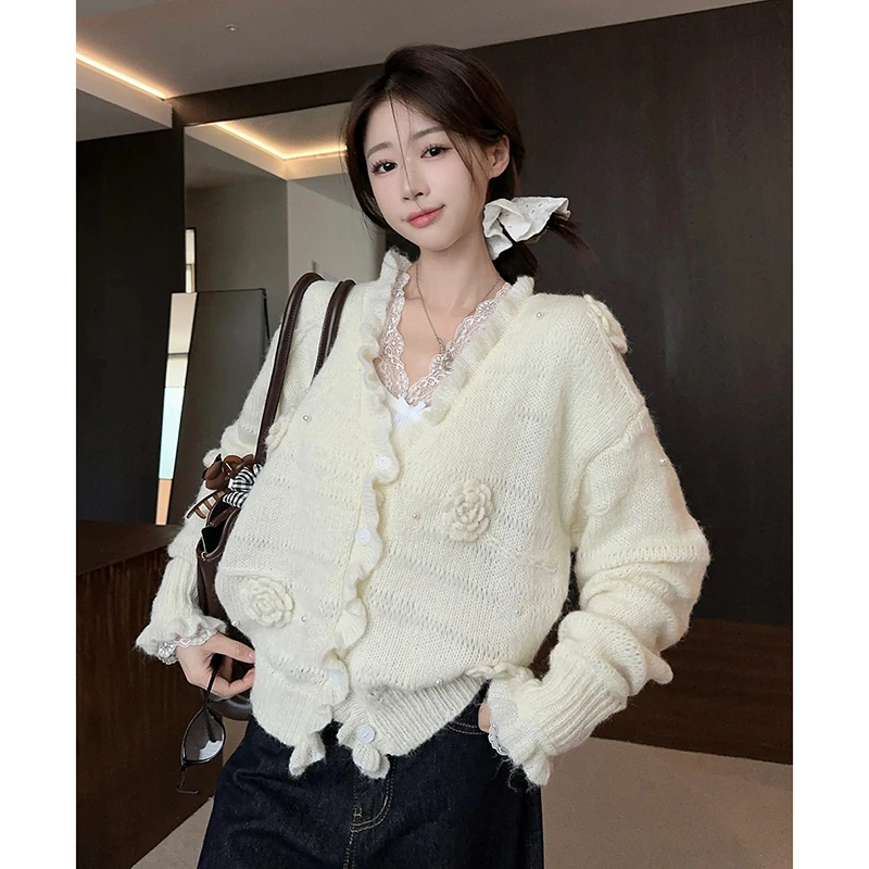 DD1098毛衣女秋冬复古蕾丝拼接蝴蝶结宽松长袖针织衫短款上衣