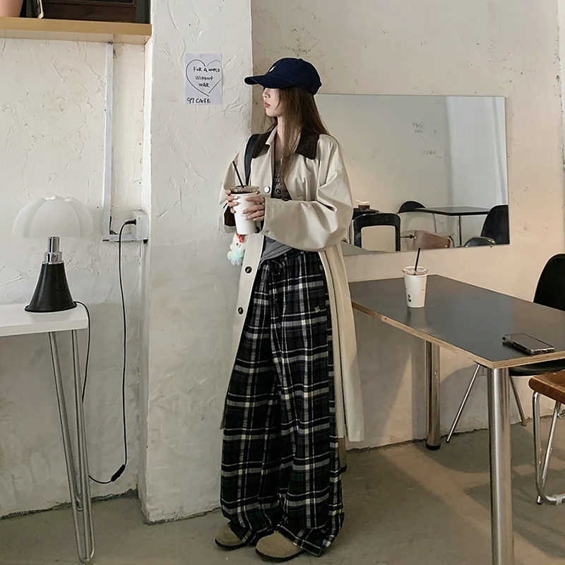 DD1238撞色翻领风衣外套美拉德复古格纹休闲裤宽松秋冬三件套