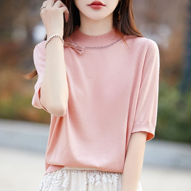 清凉夏日针织短袖气质百搭桑蚕丝半高领时尚洋气显瘦甄选半袖