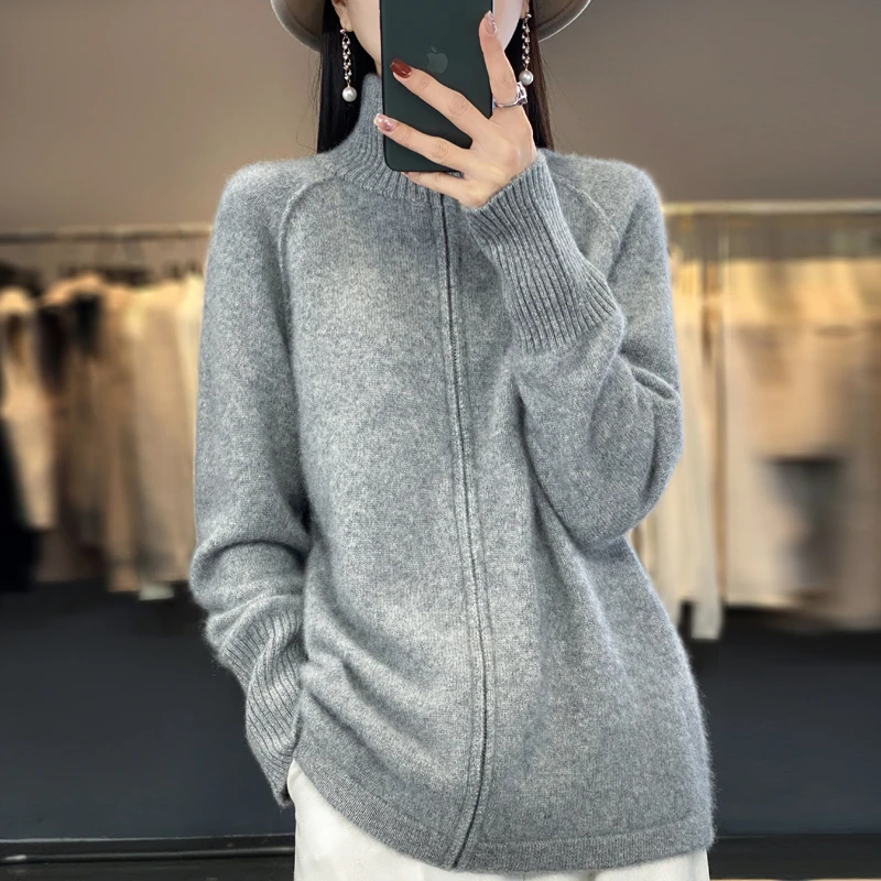 秋冬女新款纯羊毛开衫休闲高翻领拉链毛衣时尚外套长袖打底针织衫