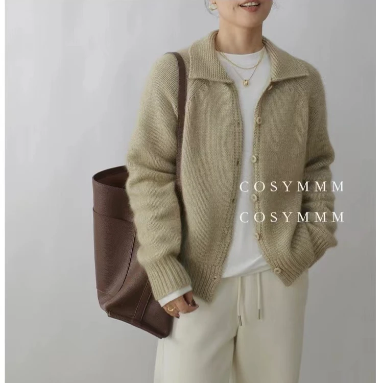 新款羊毛开衫女加厚翻领针织衫法式休闲打底开衫慵懒风毛衣外套潮