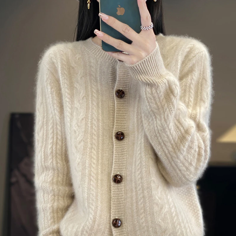100%纯羊毛长袖针织开衫秋冬新款轻奢加厚羊毛衫百搭女士圆领开衫