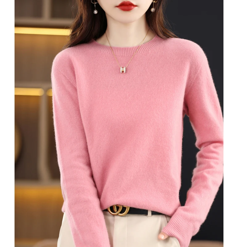 100%纯羊毛打底衫轻奢圆领一线成衣长袖针织是女士修身时尚羊毛衫