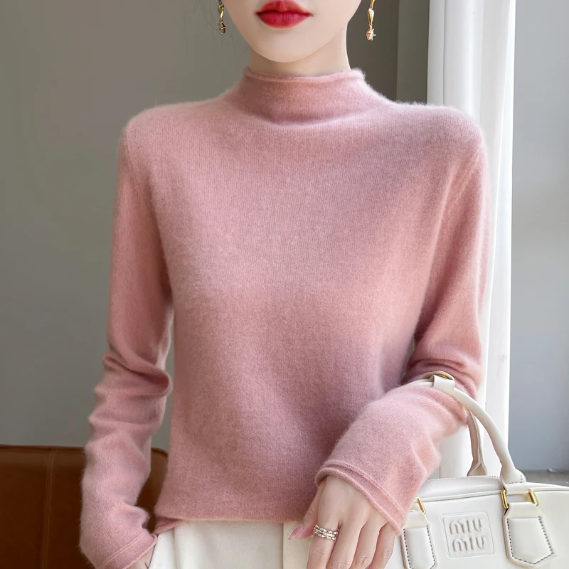 新款卷边半高领羊毛衫女100%纯羊毛长袖针织衫女士百搭时尚打底衫