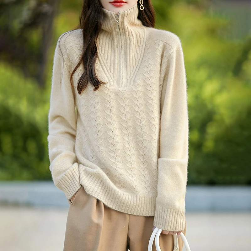 秋冬新款加厚羊毛衫时尚翻领毛衣宽松显瘦韩版拉链针织衫女打底衫