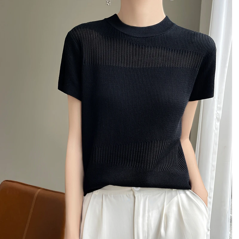 精选天然天蚕丝夏季短袖宽松针织衫时尚百搭镂空薄款半袖 修身T恤