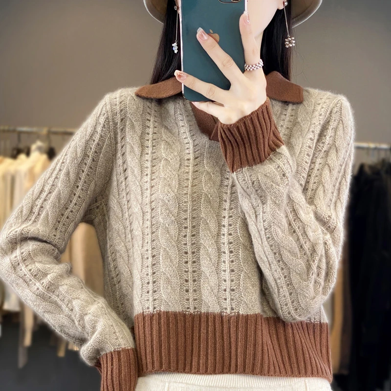 新款网红爆款纯羊毛秋冬时尚百搭小翻领长袖针织羊毛衫镂空打底衫