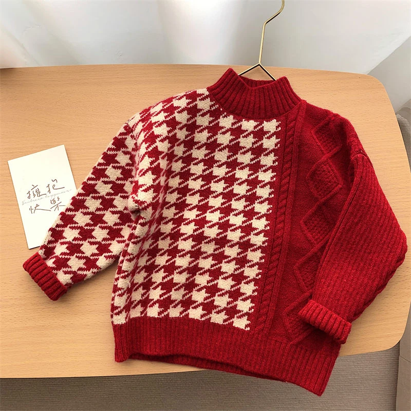 儿童毛衣2023冬季新款女童韩版洋气千鸟格针织衫半高领打底衫上衣