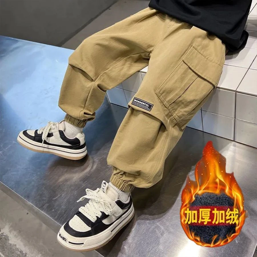 男童裤子冬季加绒加厚中大童宽松时髦长裤儿童一体绒休闲工装裤潮