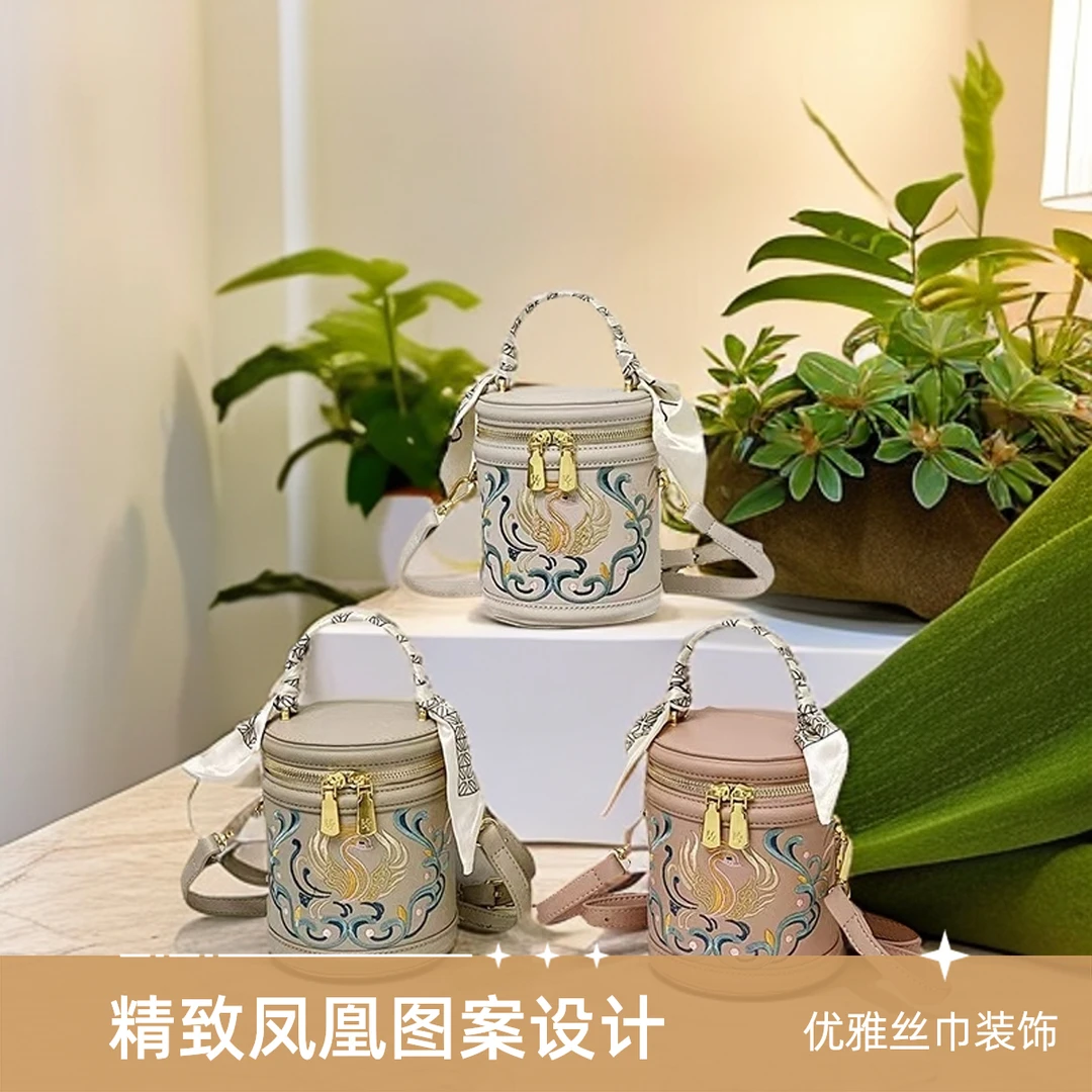 新中式国风刺绣水桶包设计丝巾文艺民族风水桶包