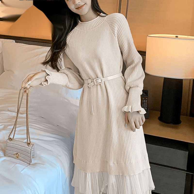 小个子针织毛衣裙子2023秋冬装中长款内搭过膝打底配大衣连衣裙女