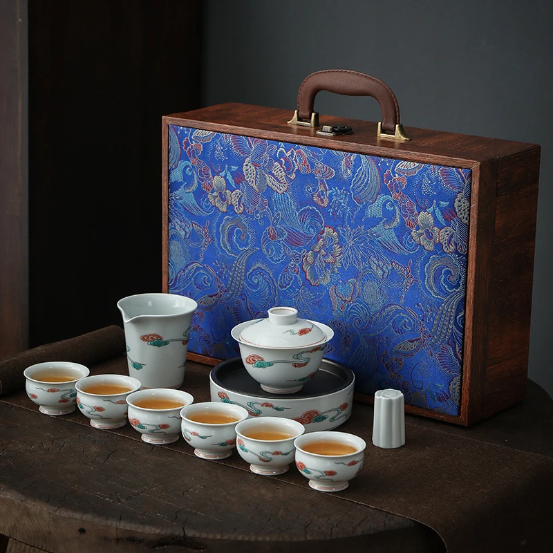 唐蕴古青祥云茶具套装陶瓷烤花图案中式家用办公茶杯泡茶组礼盒L