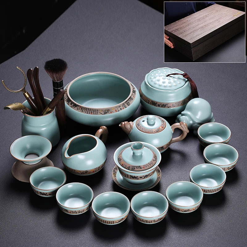 唐蕴汝窑禅意功夫手工茶具套装家用三才盖碗茶杯茶壶套装轻奢高档