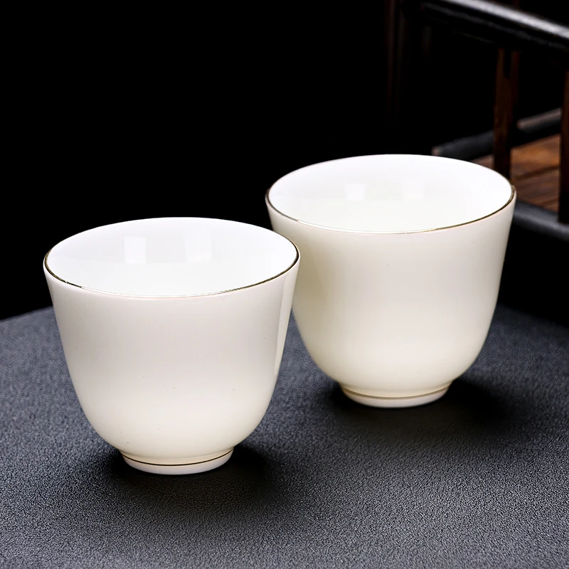 唐蕴羊脂玉瓷茶杯品茗杯中式家用办公金线白瓷陶瓷茶杯喝茶杯