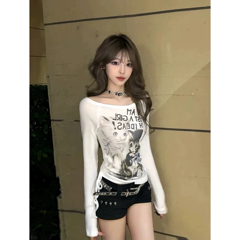 美式复古小猫印花一字肩防晒罩衫女秋季薄款修身长袖t恤辣妹上衣