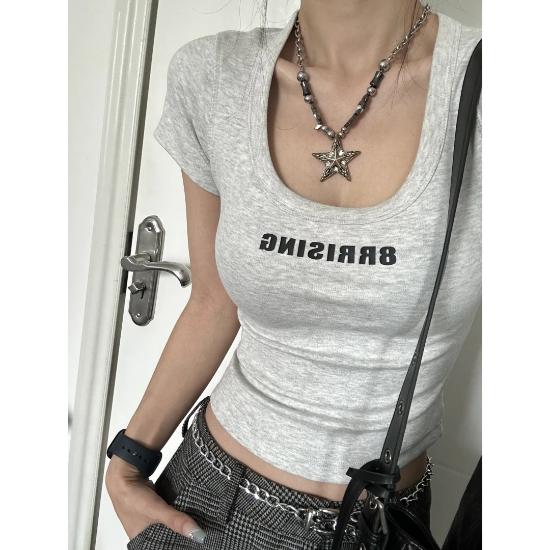 美式灰色正肩U领短袖t恤女夏季纯欲修身显瘦辣妹短款紧身收腰上衣