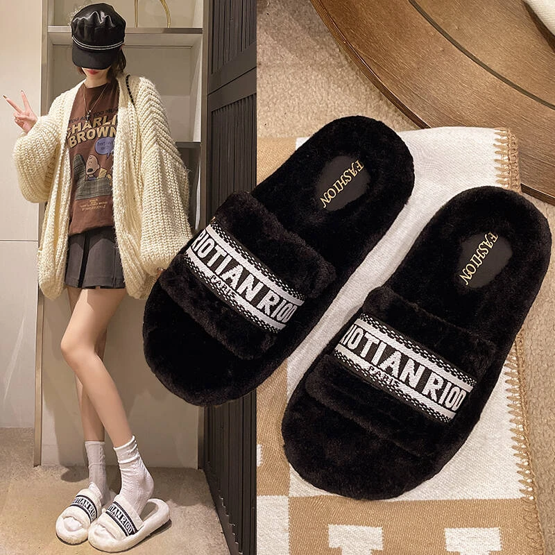 2024秋冬ins字母毛毛鞋厚底韩版防滑外穿百搭时尚网红新款毛毛拖