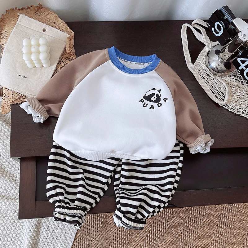 卡通儿童圆领卫衣男童女童套装宽松休闲拼接套头卫衣套装