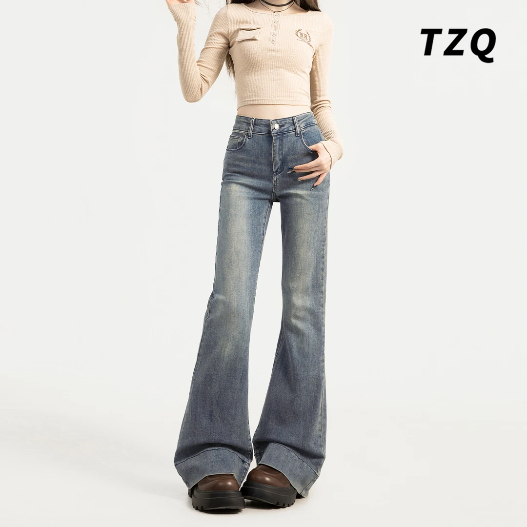 复古微喇牛仔裤女2025高腰弹力百搭显瘦马蹄毛边喇叭长裤TZQ92050