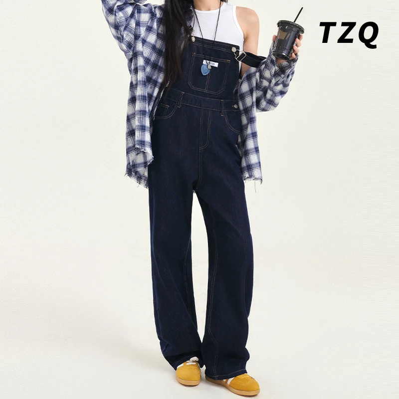 2025夏季减龄不掉色牛仔背带裤女高腰宽松垂感阔腿裤TZQ112402