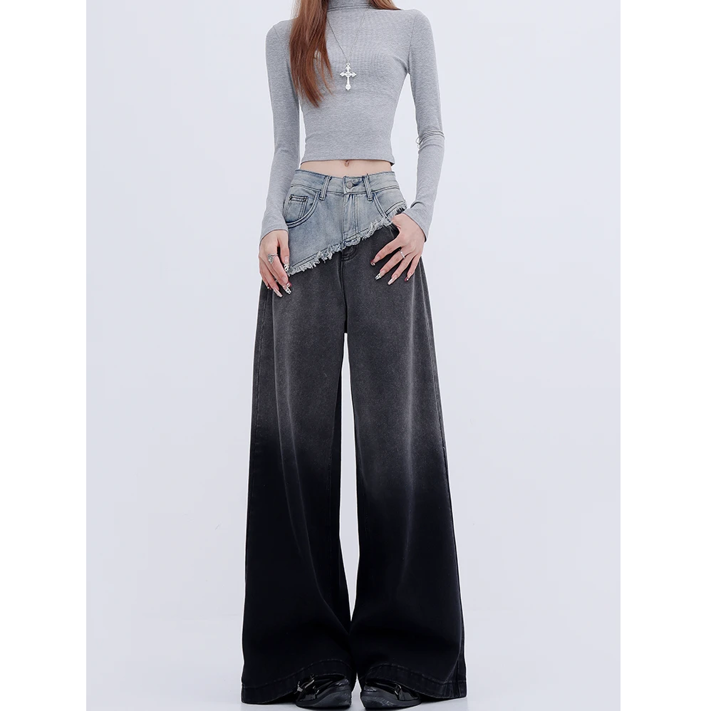 拼接撞色不规则渐变设计感阔腿牛仔裤女2025早秋新款宽松垂感拖裤