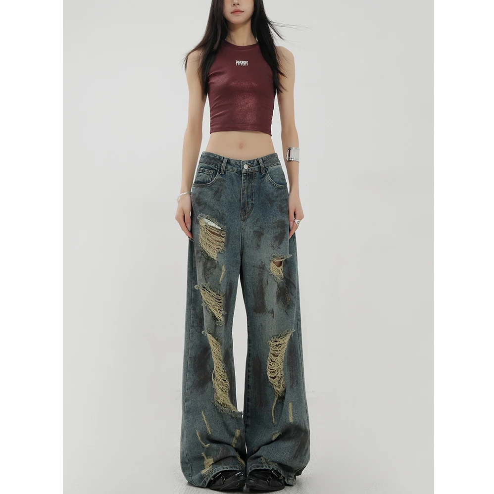 美式扎染撞色设计感破洞阔腿牛仔裤女2025新款宽松显瘦裤子8112#