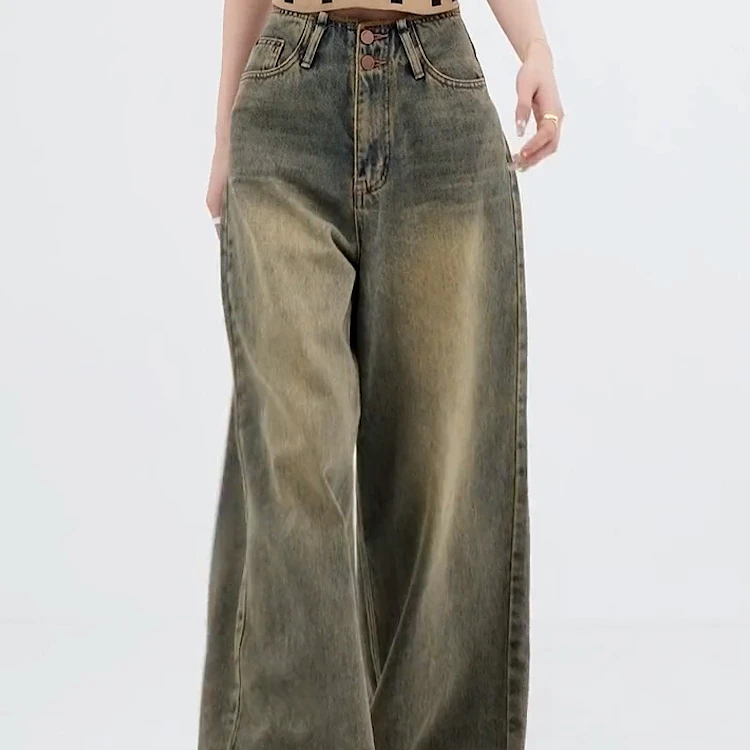 美式高街做旧阔腿牛仔裤女2025年春季新款高腰宽松垂感拖地裤子潮