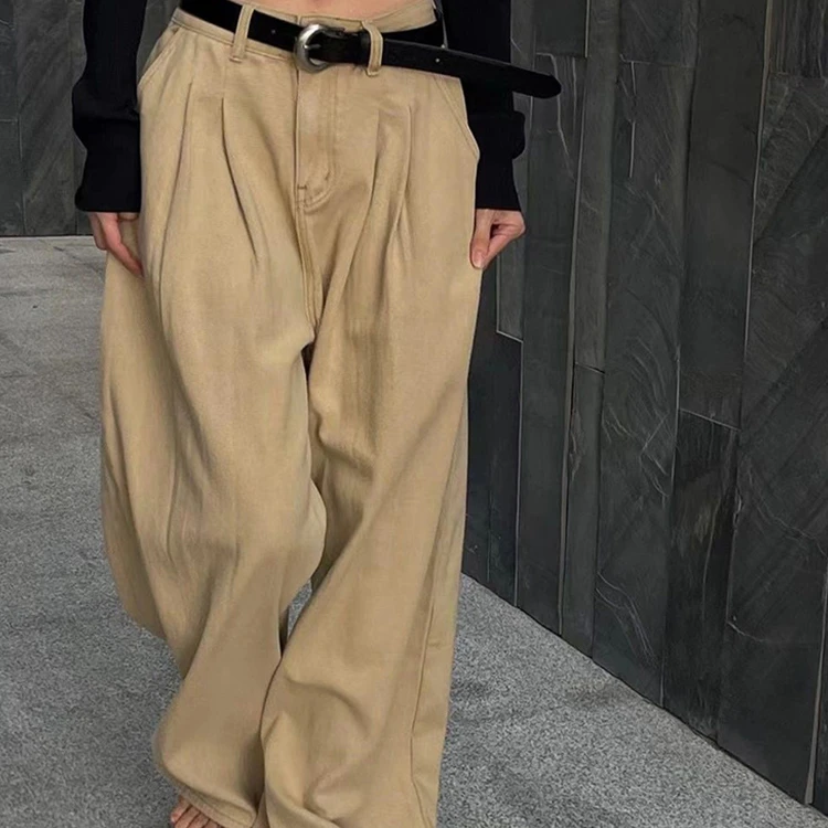 卡其褶皱设计阔腿牛仔裤女2025夏季新款高腰宽松显瘦垂感拖地长裤