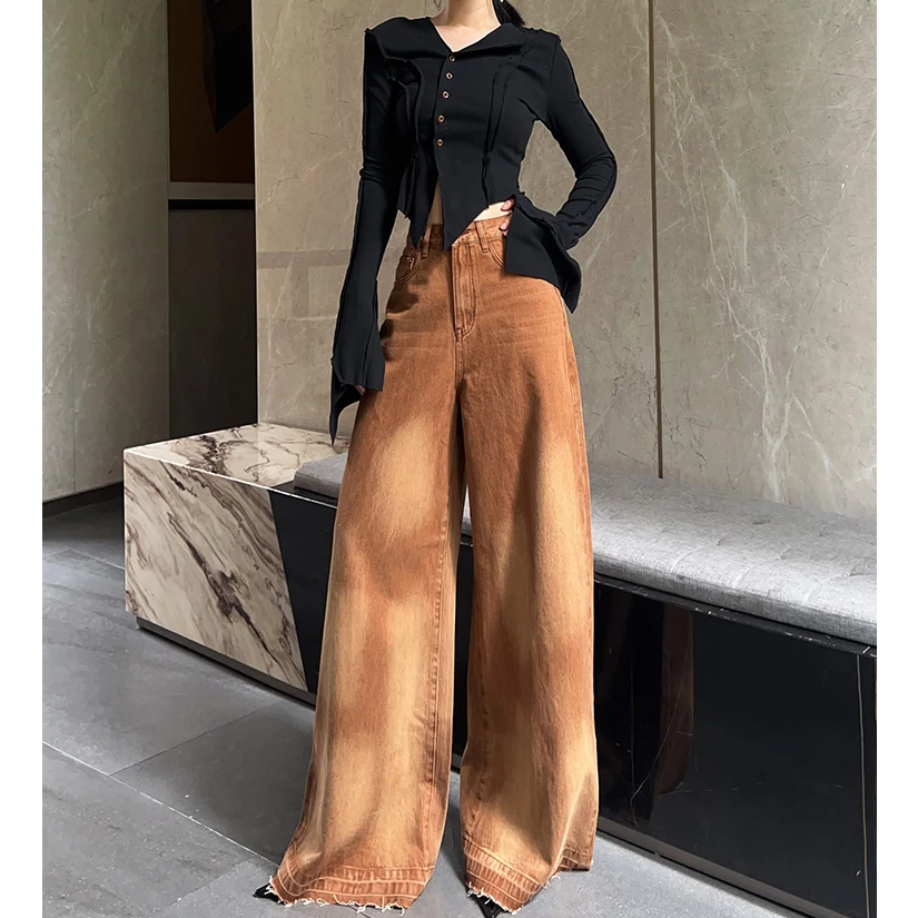 美式高街棕色毛边阔腿牛仔裤女2025春季新款高腰宽松撞色拖地裤子