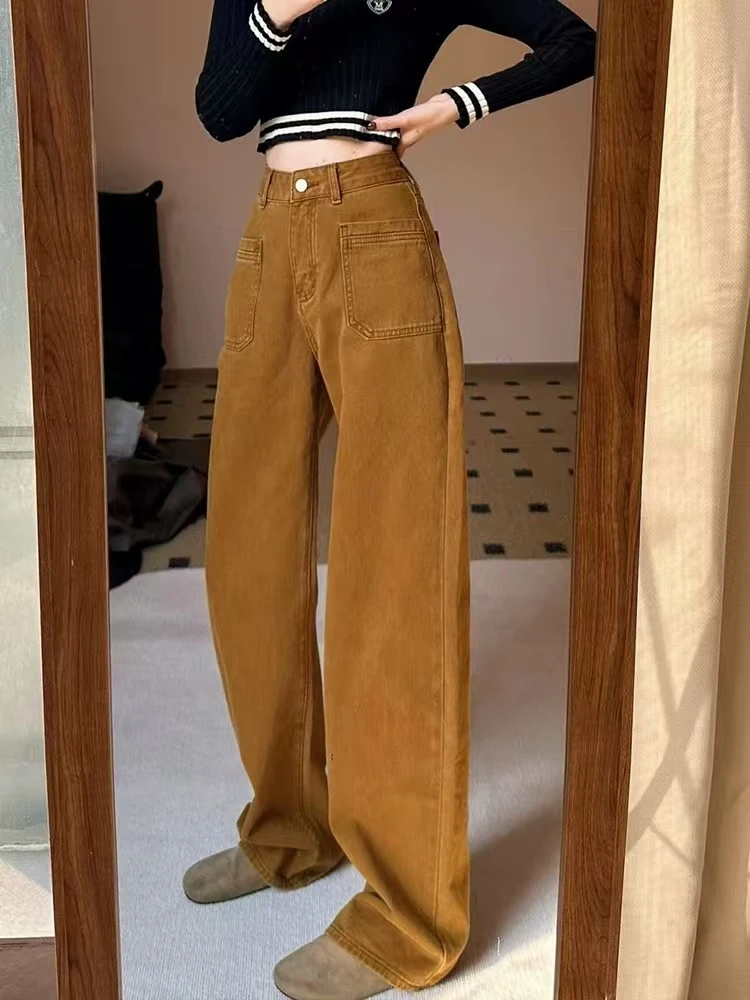 复古咖黄色高腰牛仔裤女2025春季新款美式宽松显瘦阔腿拖地裤子潮