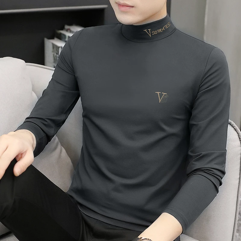 新款莫代尔半高领打底衫男装2025春秋修身中领长袖薄款内搭上衣潮